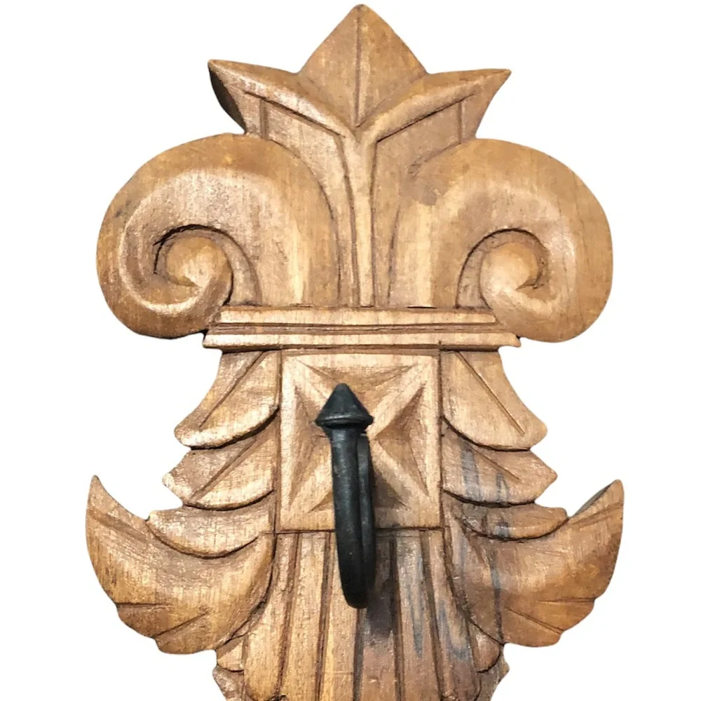 Vintage Rustic Solid Hand Carved Wood Wall Hanging With Hook 14.75”X6.5”